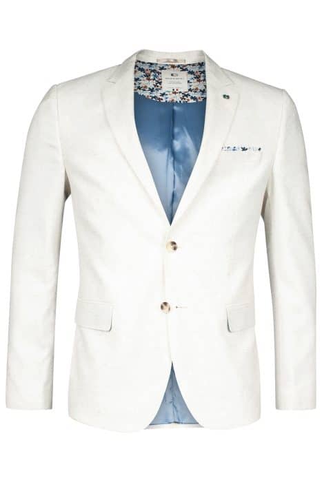 A cream-colored mens blazer with two buttons, a notched lapel, flap pockets, and a light blue satin lining. The chest pocket features a floral-patterned accent. The blazer is displayed on a white background.