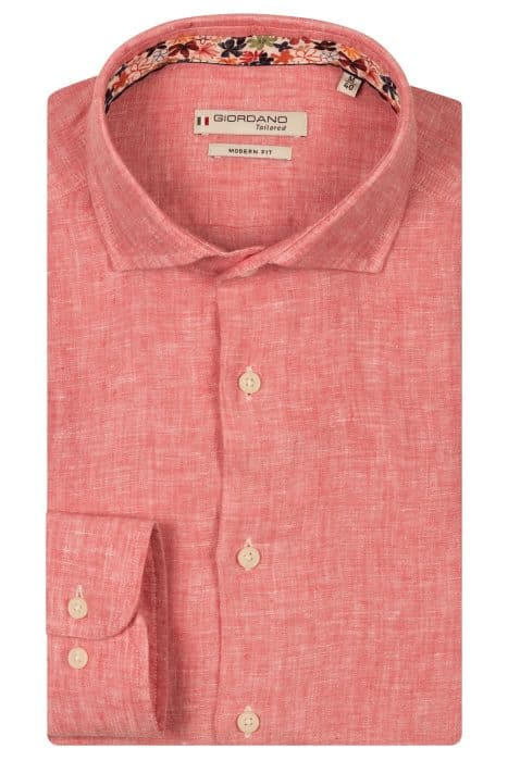A folded, long-sleeve, pink linen shirt with a floral inner collar detail. The label reads Giordano Tailored, Modern Fit. The shirt has light-colored buttons and a single-button cuff.