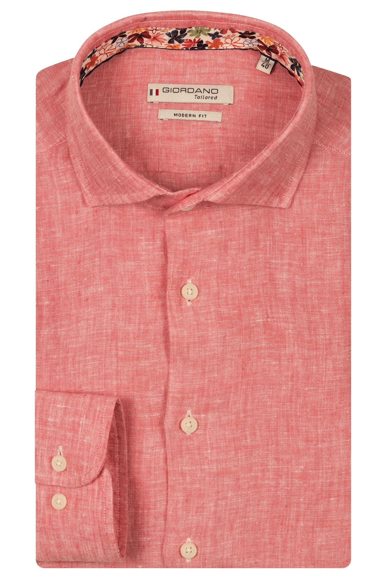 A folded, long-sleeve, pink linen shirt with a floral inner collar detail. The label reads Giordano Tailored, Modern Fit. The shirt has light-colored buttons and a single-button cuff.