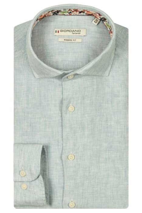 A light grey, long-sleeve, button-up shirt neatly folded; features a floral pattern inside the collar and Giordano Tailored branding on the label.