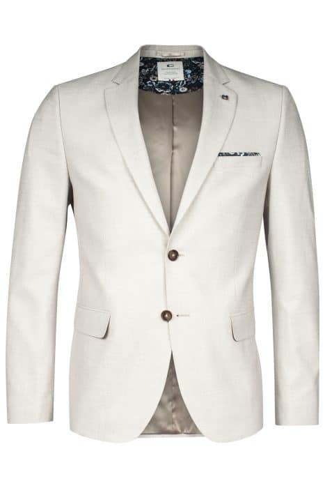 A light beige suit jacket with notch lapels, two brown buttons, flap pockets, and a chest pocket featuring a blue patterned pocket square. The lining is visible inside.