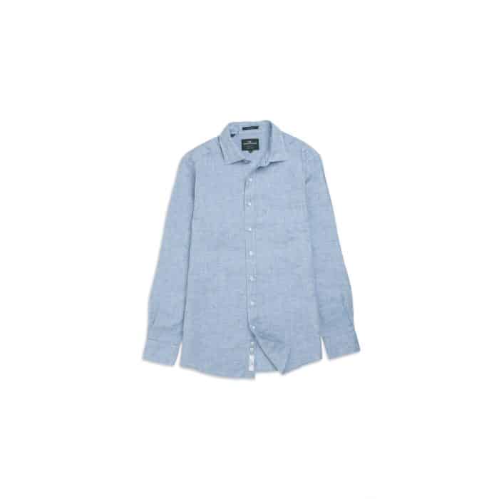 A light blue, long-sleeve button-up shirt with a single chest pocket, spread collar, and white buttons, laid flat on a white background.