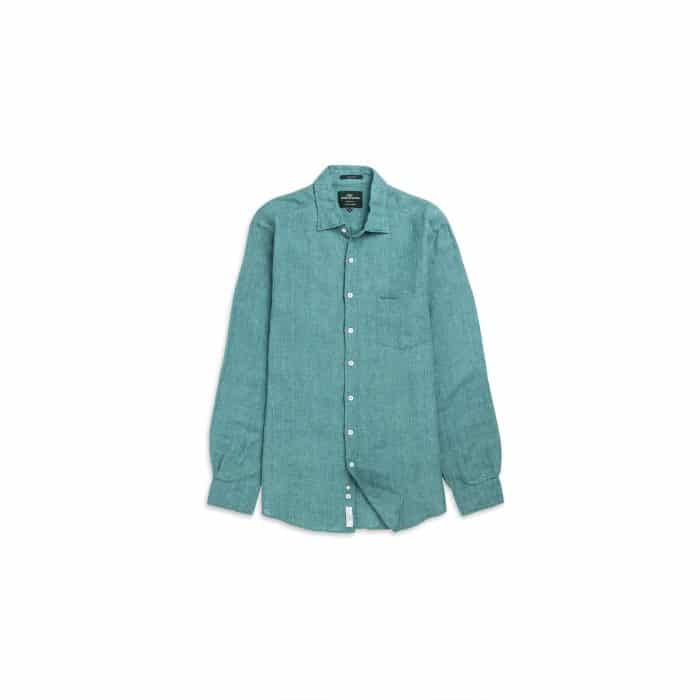 A teal long-sleeve button-up shirt with a front pocket, displayed against a plain white background.