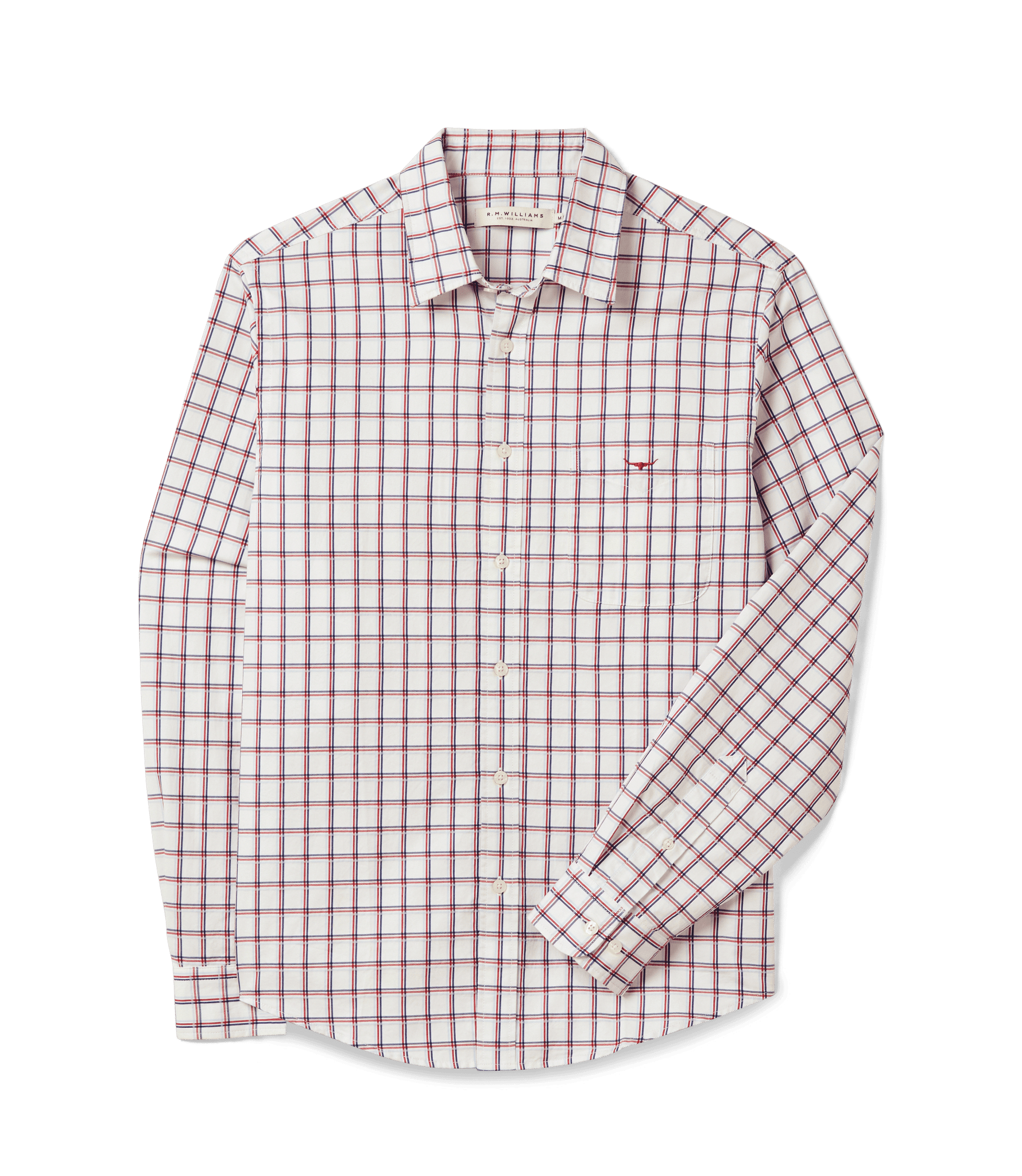 A long-sleeved, button-up dress shirt with a white background and a red and blue checkered pattern, displayed flat against a black background.