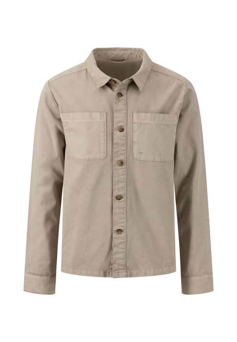 A beige long-sleeve button-up shirt with a collar and two chest pockets, displayed on a plain white background.
