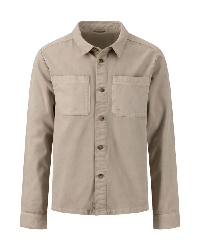 A beige long-sleeve button-up shirt with a collar and two chest pockets, displayed on a plain white background.