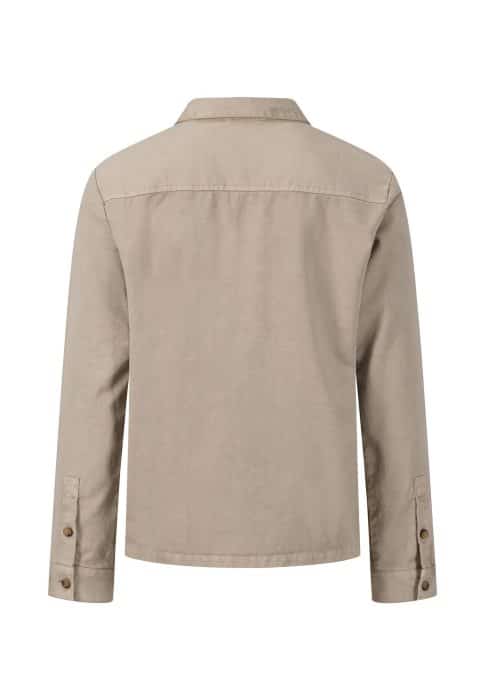 Beige long-sleeve shirt seen from the back, featuring a classic collar, buttoned cuffs, and a simple, unadorned design.