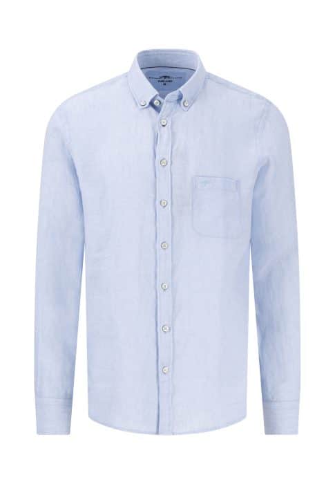 A light blue, long-sleeve button-up shirt with a button-down collar and a single chest pocket, displayed on a plain white background.
