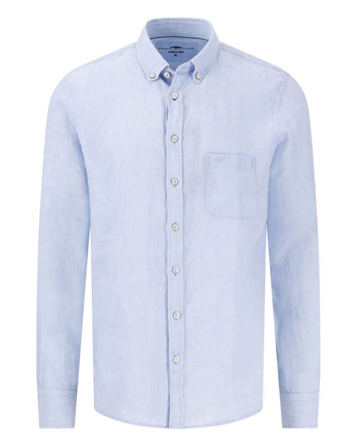 A light blue, long-sleeve button-up shirt with a button-down collar and a single chest pocket, displayed on a plain white background.