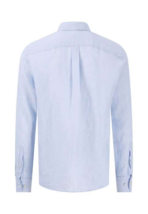 A light blue, long-sleeved button-up shirt shown from the back, featuring a collar, buttoned cuffs, and a pleat down the center.