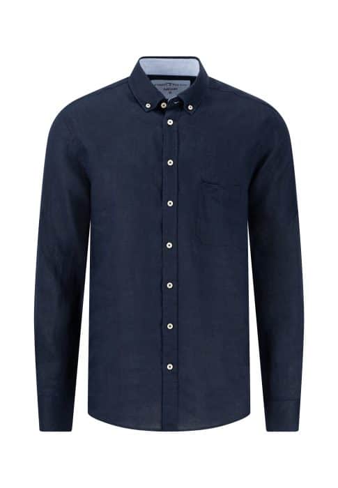 A navy blue, long-sleeved button-up shirt with a collar and front chest pocket, displayed on a plain white background.
