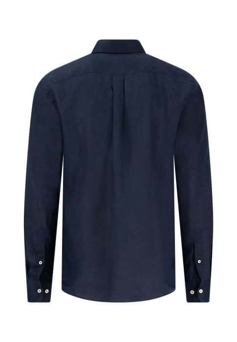 A navy blue long-sleeve button-up shirt shown from the back, featuring a pointed collar, buttoned cuffs, and a central pleat below the yoke.
