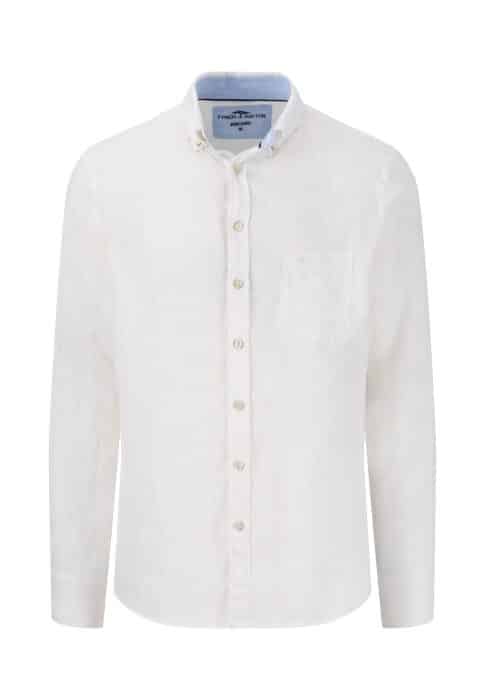A white, long-sleeved, button-up shirt with a front pocket on the left chest and a collar. The shirt appears neatly pressed and is displayed against a plain white background.