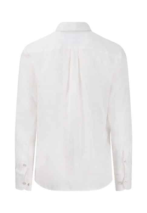 A plain white long-sleeve button-up shirt shown from the back, with a collar, sleeve cuffs, and simple stitching detail.
