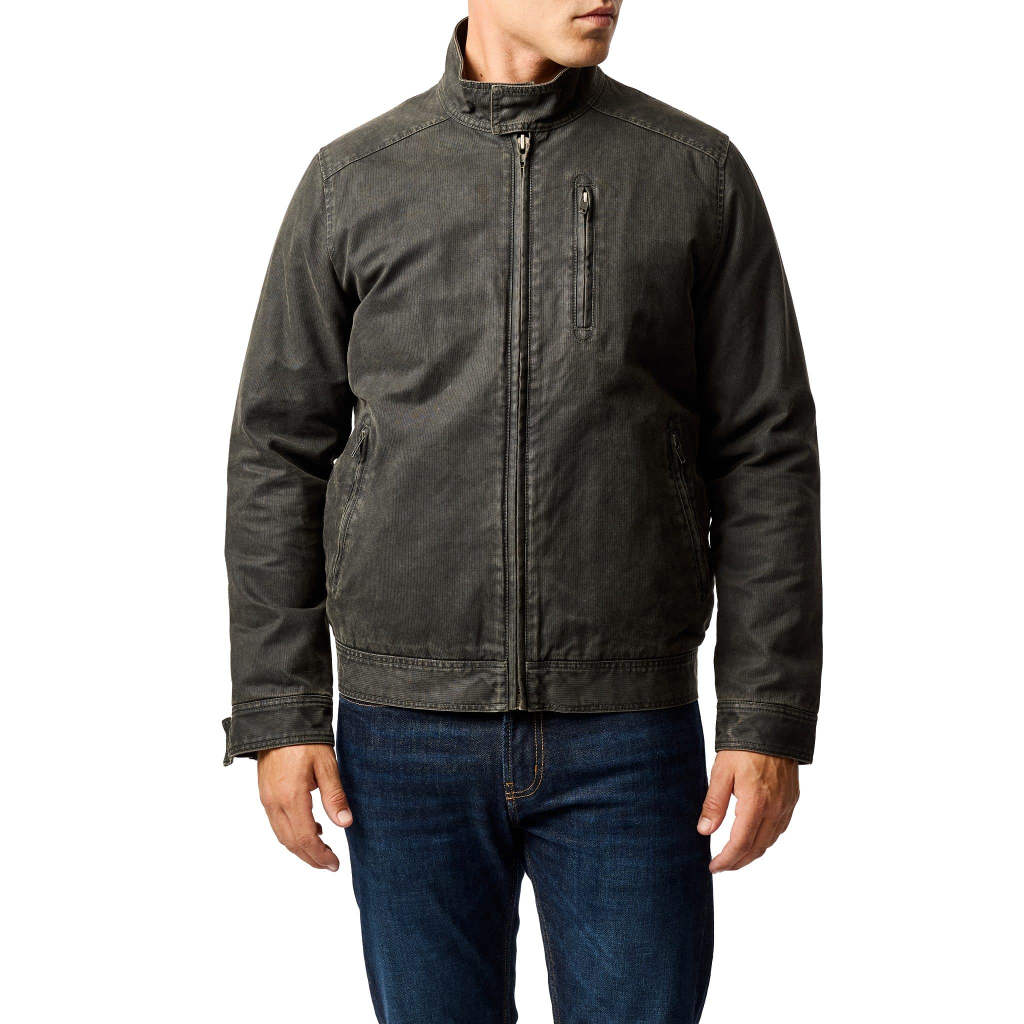 A man wearing a dark gray casual jacket with a stand collar, zippered chest pocket, and blue jeans, standing against a plain white background.