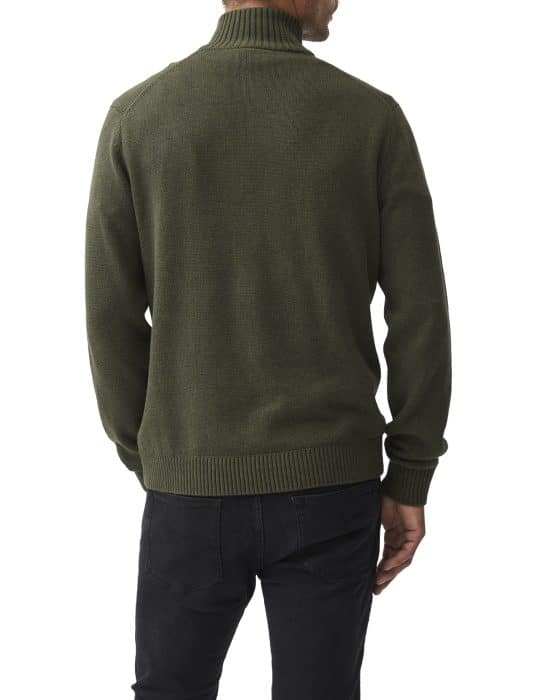 A person wearing a dark green, long-sleeve, ribbed sweater and black jeans is shown from the back against a white background.
