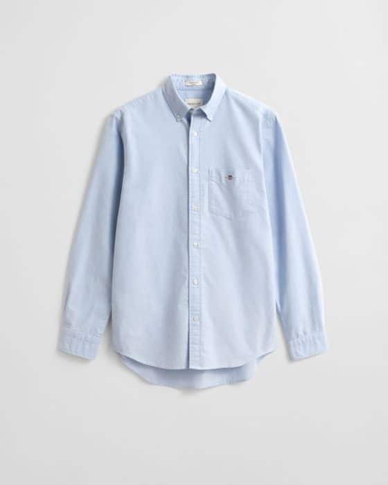 A light blue long-sleeve button-down shirt with a front chest pocket, displayed against a plain white background.