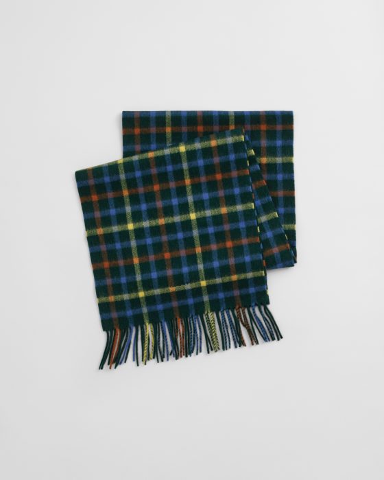 A wool scarf with a checkered pattern in blue, green, yellow, and brown, featuring fringe on both ends, laid flat on a white background.