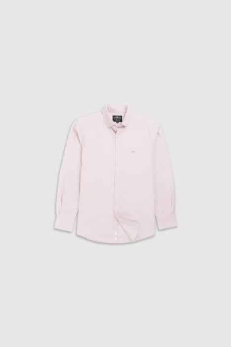 A light pink, long-sleeve button-up shirt with a collar, displayed against a plain light gray background.