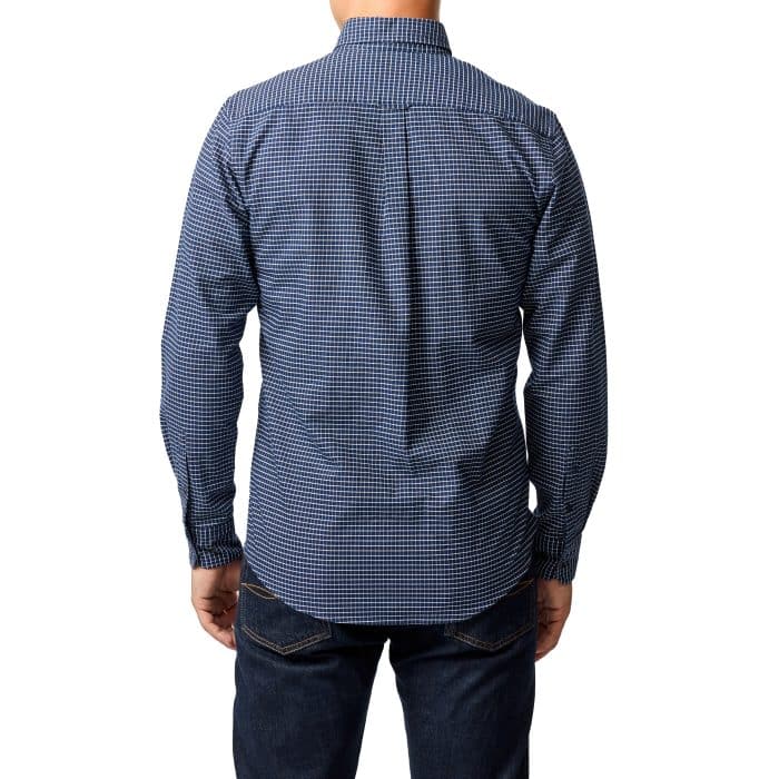 A person wearing a blue and black checkered long-sleeve shirt and dark jeans, shown from the back against a white background.