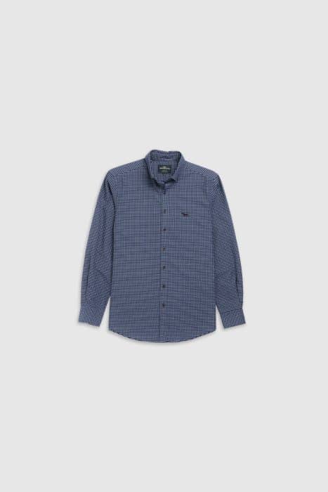 A blue and white checkered long-sleeve button-up shirt with a collar, displayed on a plain light gray background.