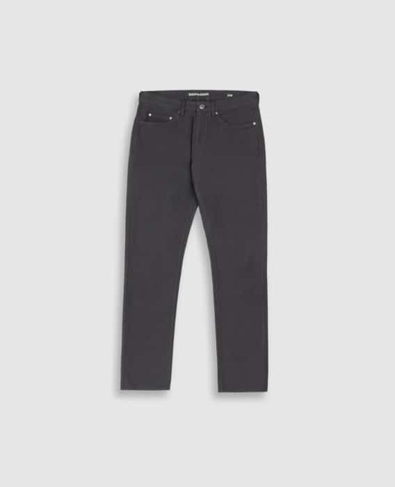 A pair of black straight-leg jeans with five pockets, front button and zipper closure, displayed flat against a light gray background.