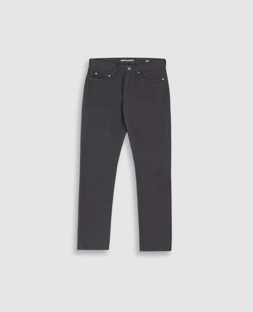 A pair of black straight-leg jeans with five pockets, front button and zipper closure, displayed flat against a light gray background.