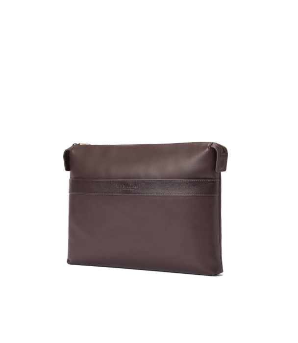 A sleek, rectangular brown leather pouch with a zipper closure and a subtle embossed logo on the front, displayed against a plain white background.
