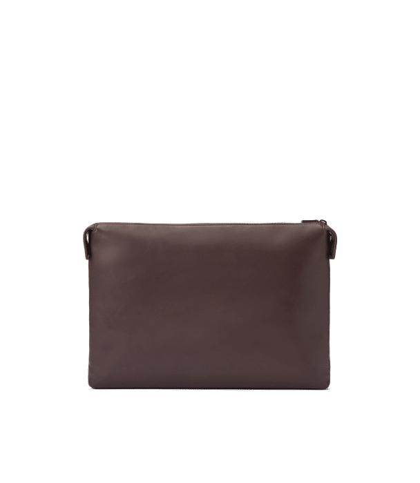 A rectangular, dark brown leather pouch with a zipper closure at the top, shown against a plain white background.