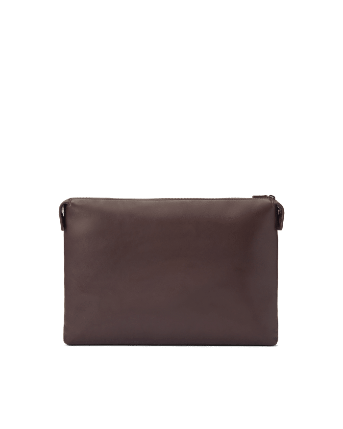 A rectangular, dark brown leather pouch with a zipper closure at the top, shown against a plain white background.