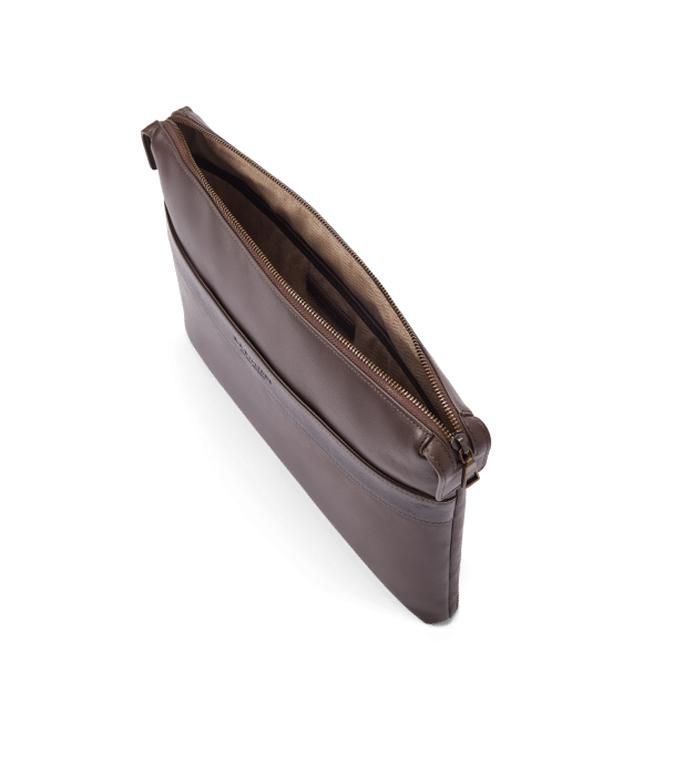 Brown leather zippered pouch seen from above, showing a spacious, light-colored interior and an exterior slip pocket. The pouch has clean, minimalist lines and is positioned against a white background.