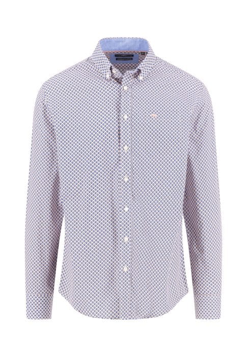 A long-sleeve button-up shirt with a small geometric print pattern in blue and red on a white background, featuring a light blue inner collar and white buttons.