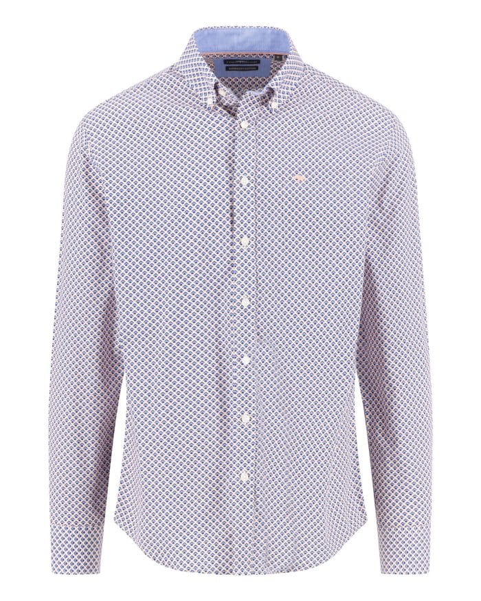 A long-sleeve button-up shirt with a small geometric print pattern in blue and red on a white background, featuring a light blue inner collar and white buttons.