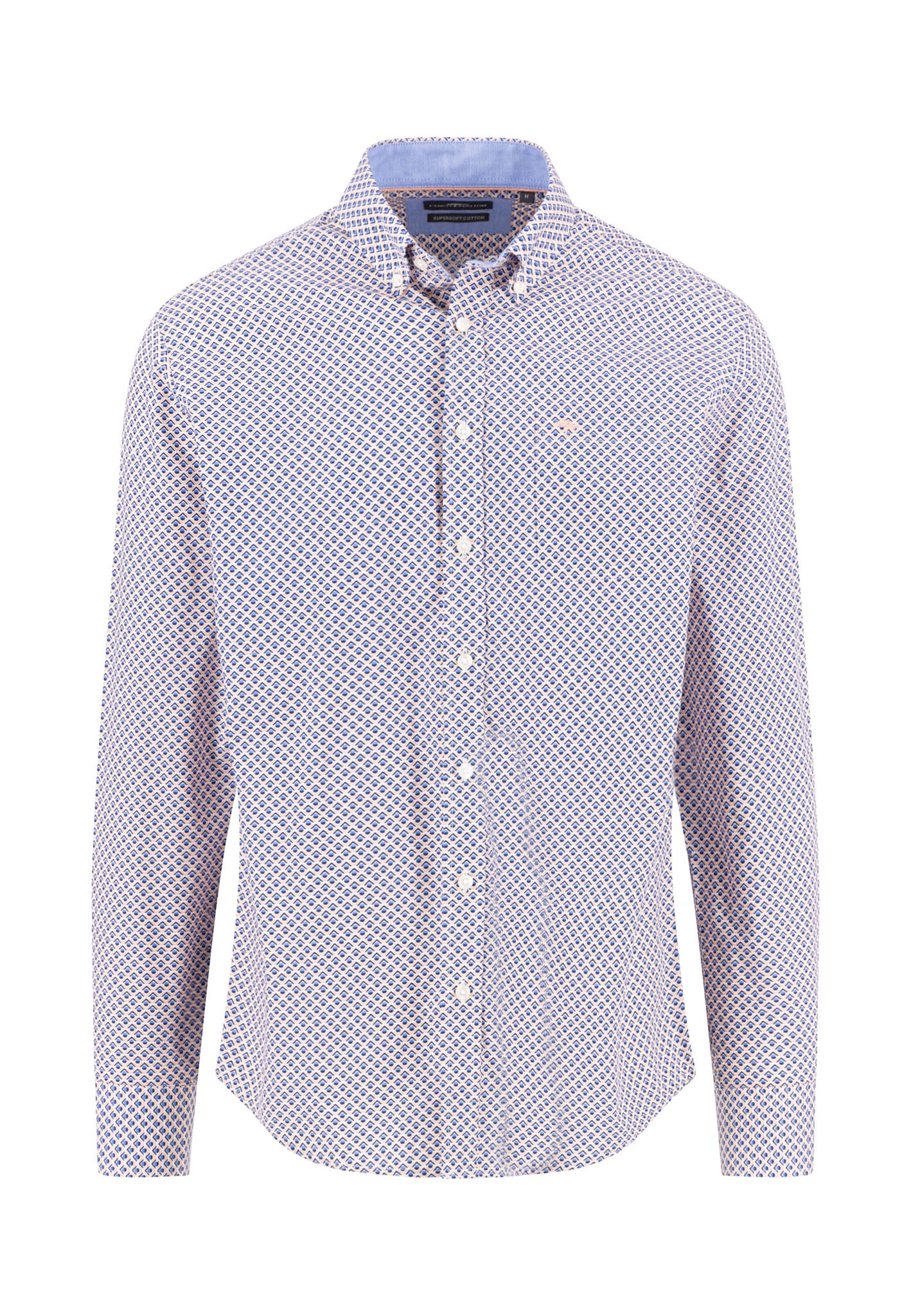 A long-sleeve button-up shirt with a small geometric print pattern in blue and red on a white background, featuring a light blue inner collar and white buttons.