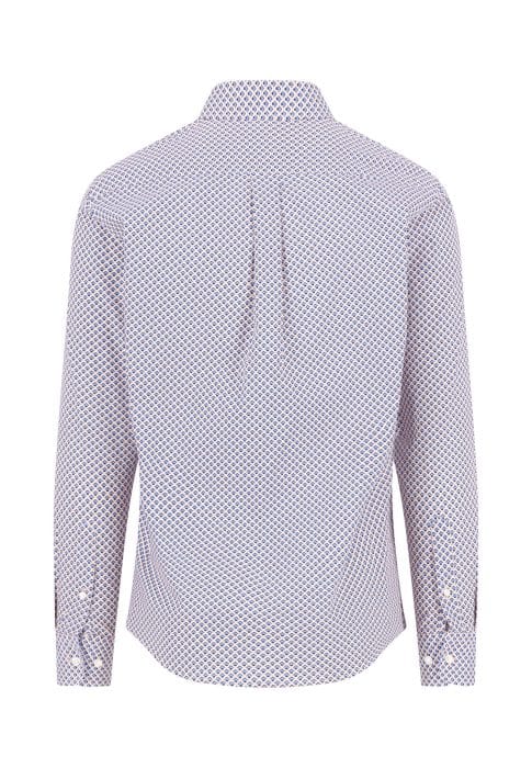 Back view of a long-sleeved button-up shirt with a small geometric pattern in blue and red on a white background; features a collar, cuffed sleeves, and a central pleat.