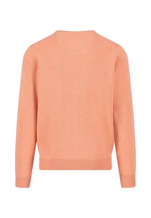 A plain, long-sleeved, peach-colored sweater shown from the back, with a crew neckline and ribbed cuffs and hem.