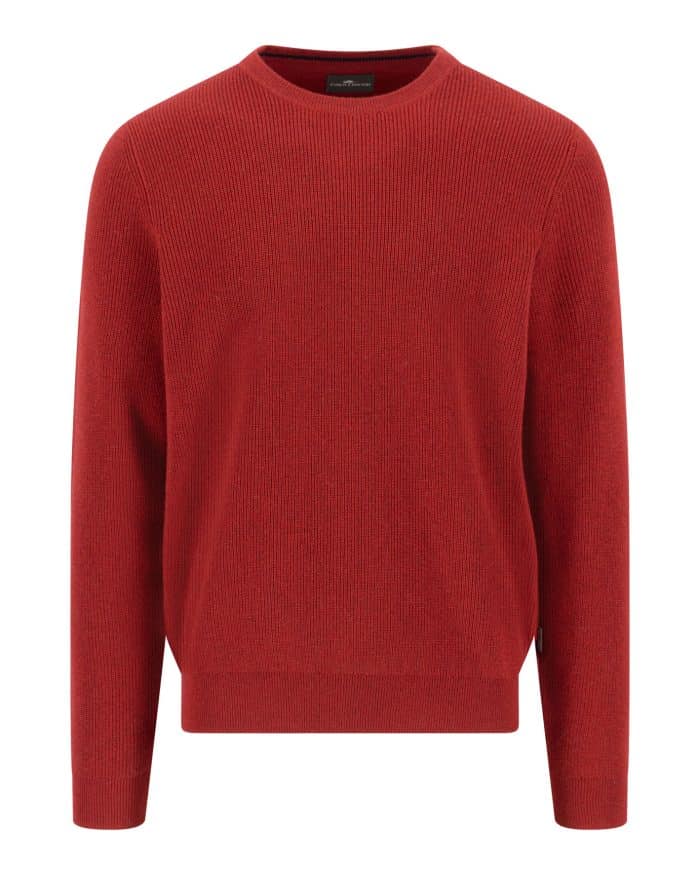 A plain, long-sleeved, crew neck sweater in a solid red color, displayed against a white background.