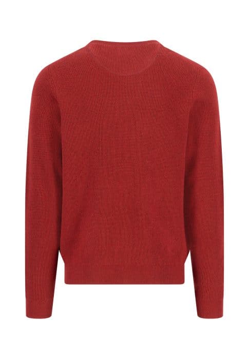 A plain, long-sleeve, crew neck sweater in a solid red color, shown from the back against a white background.