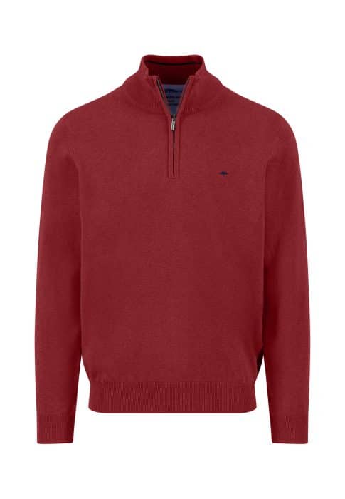 A red long-sleeve pullover sweater with a quarter-zip collar and ribbed cuffs and hem, featuring a small embroidered logo on the left chest.