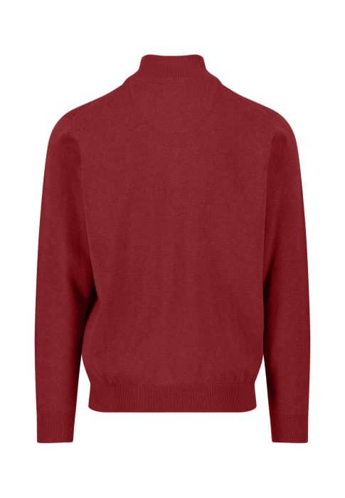 A plain, long-sleeved, maroon sweater is shown from the back, featuring ribbed cuffs, hem, and collar.