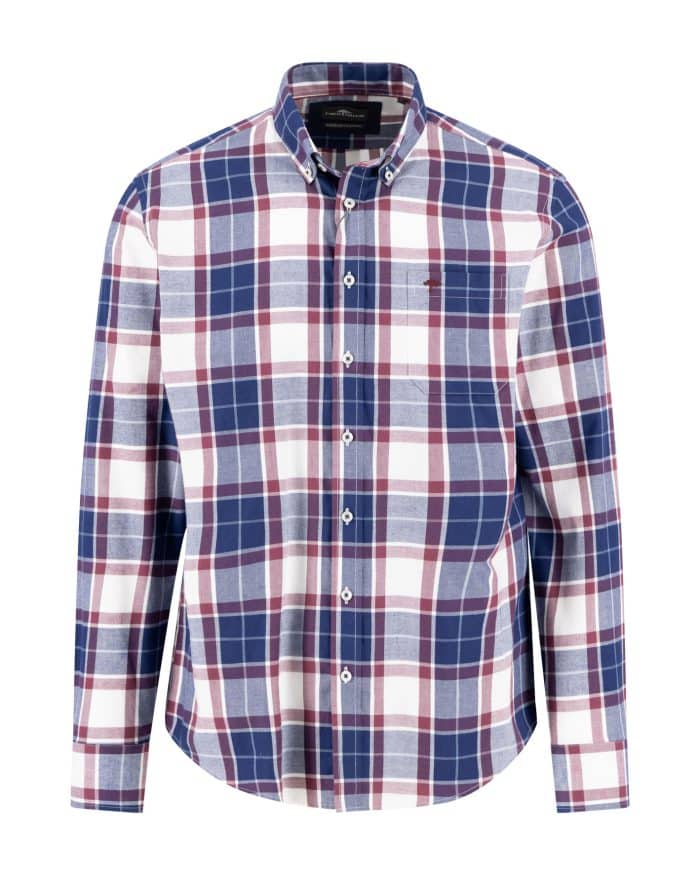 A long-sleeve, button-up shirt with a blue, white, and red plaid pattern, featuring a collar and a small chest pocket on the left side.