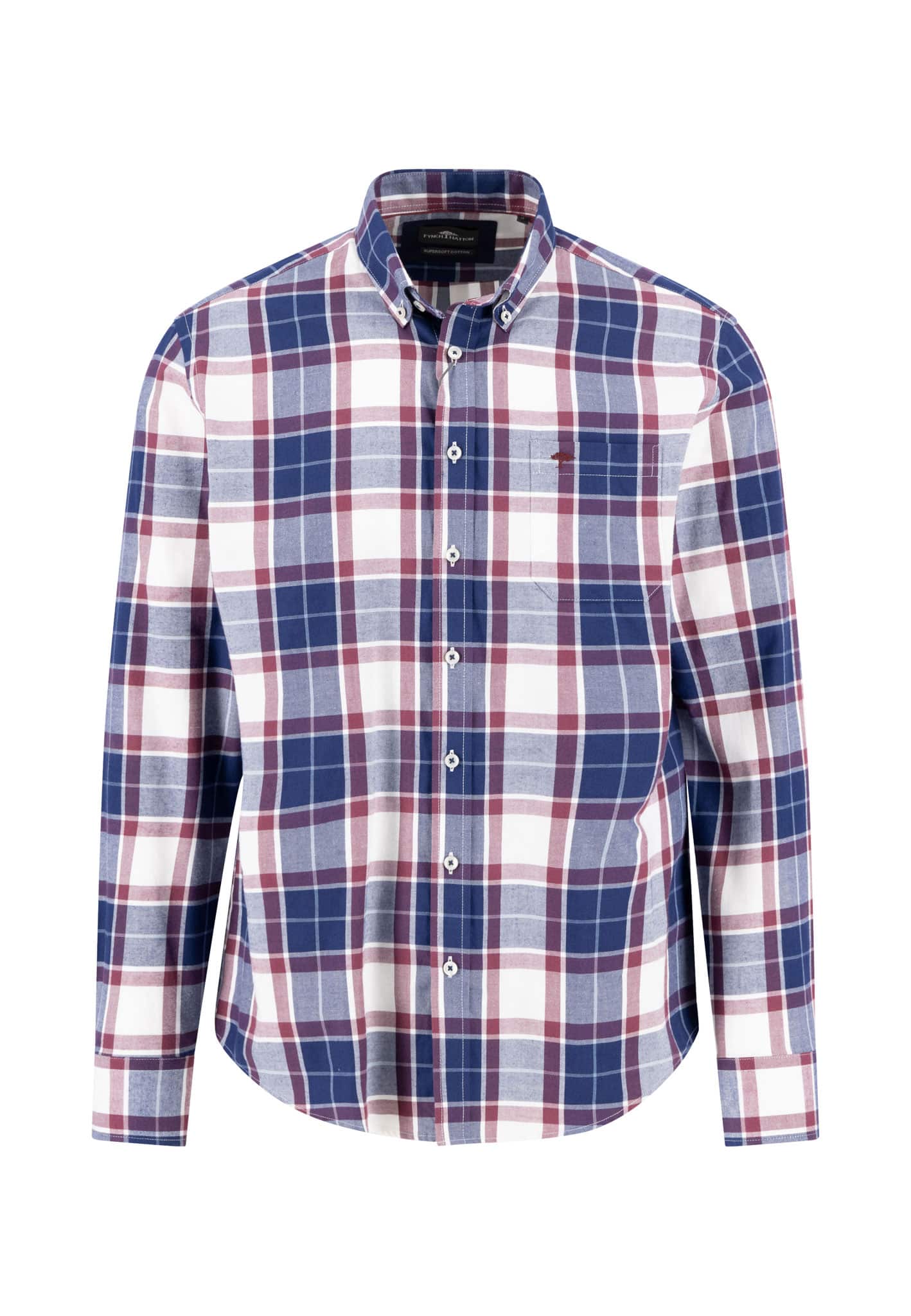 A long-sleeve, button-up shirt with a blue, white, and red plaid pattern, featuring a collar and a small chest pocket on the left side.