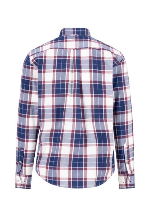 A long-sleeve, button-up shirt with a blue, white, and burgundy plaid pattern, shown from the back.