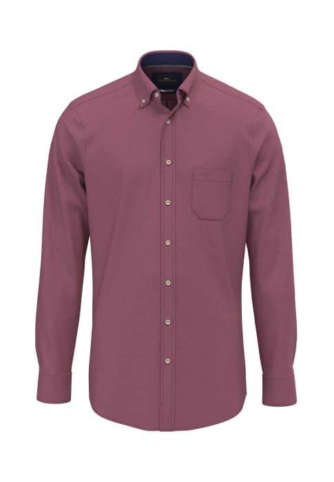 A long-sleeve, button-up shirt in a muted maroon color, featuring a button-down collar and a single chest pocket, displayed against a white background.