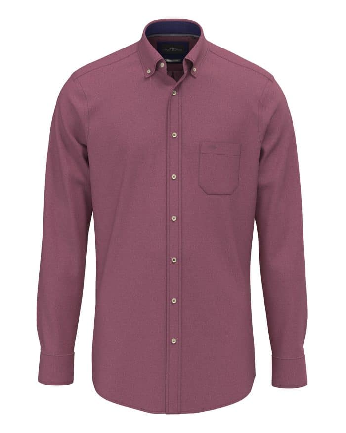 A long-sleeve, button-up shirt in a muted maroon color, featuring a button-down collar and a single chest pocket, displayed against a white background.