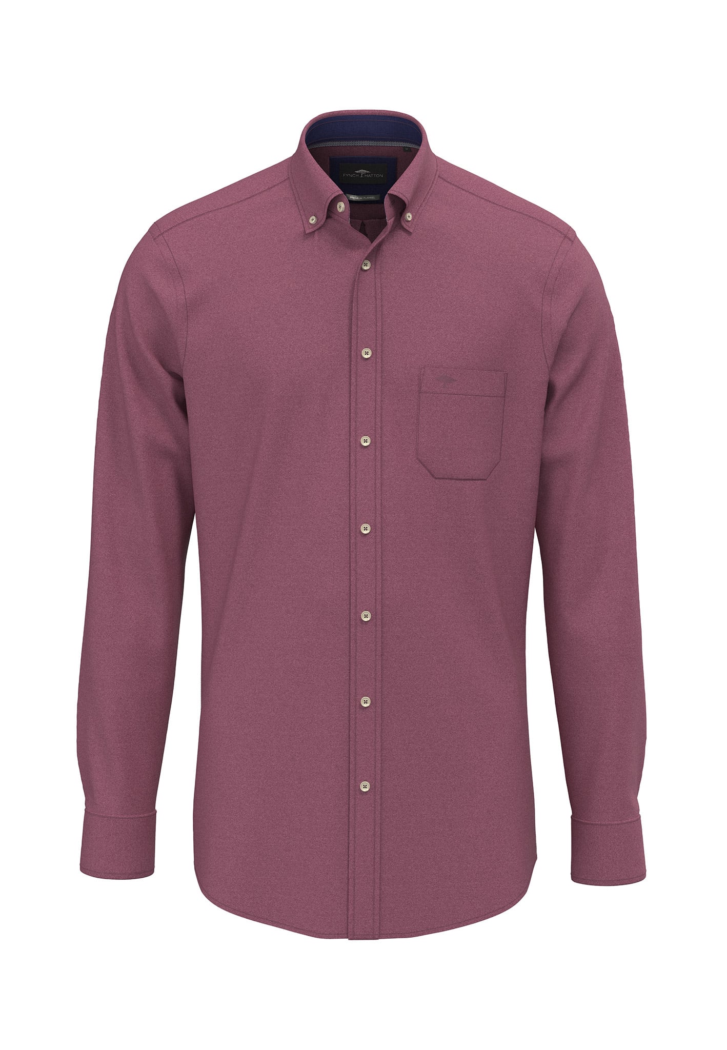 A long-sleeve, button-up shirt in a muted maroon color, featuring a button-down collar and a single chest pocket, displayed against a white background.