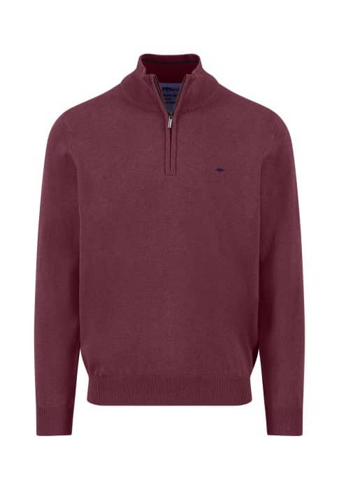 A maroon long-sleeve sweater with a high collar and a half-zip front. The sweater features ribbed cuffs and hem, and a small, subtle embroidered logo on the left chest.