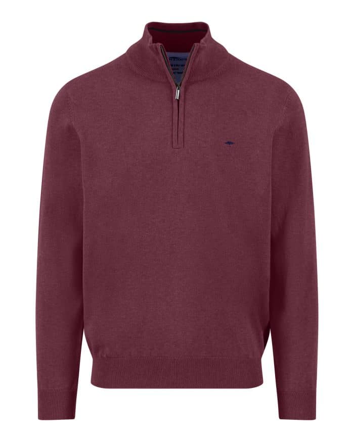 A maroon long-sleeve sweater with a high collar and a half-zip front. The sweater features ribbed cuffs and hem, and a small, subtle embroidered logo on the left chest.