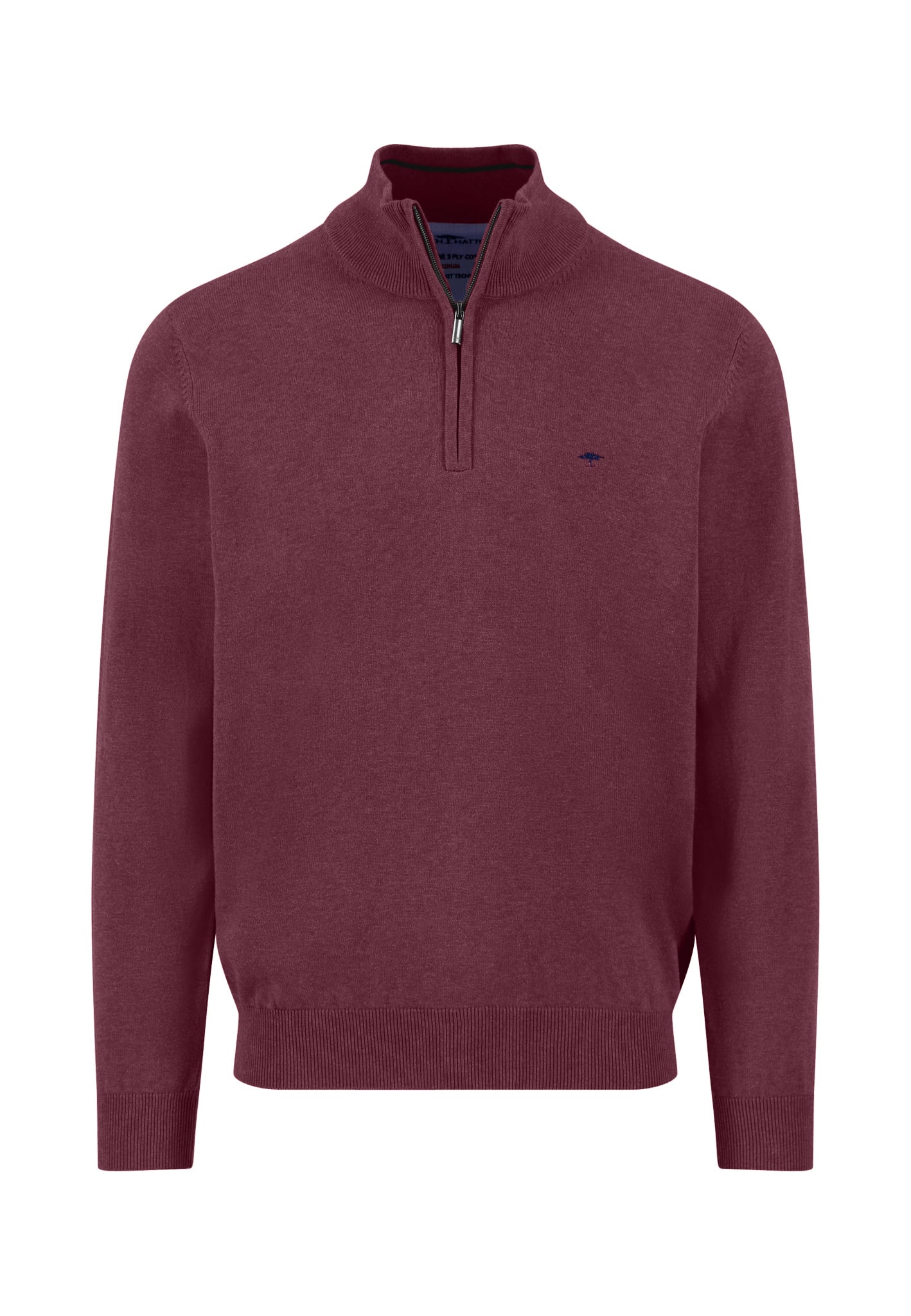 A maroon long-sleeve sweater with a high collar and a half-zip front. The sweater features ribbed cuffs and hem, and a small, subtle embroidered logo on the left chest.