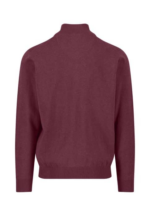 A plain, long-sleeve, maroon sweater shown from the back. It has a high collar, ribbed cuffs, and a ribbed waistband. The sweater is simple with no visible patterns or decorations.